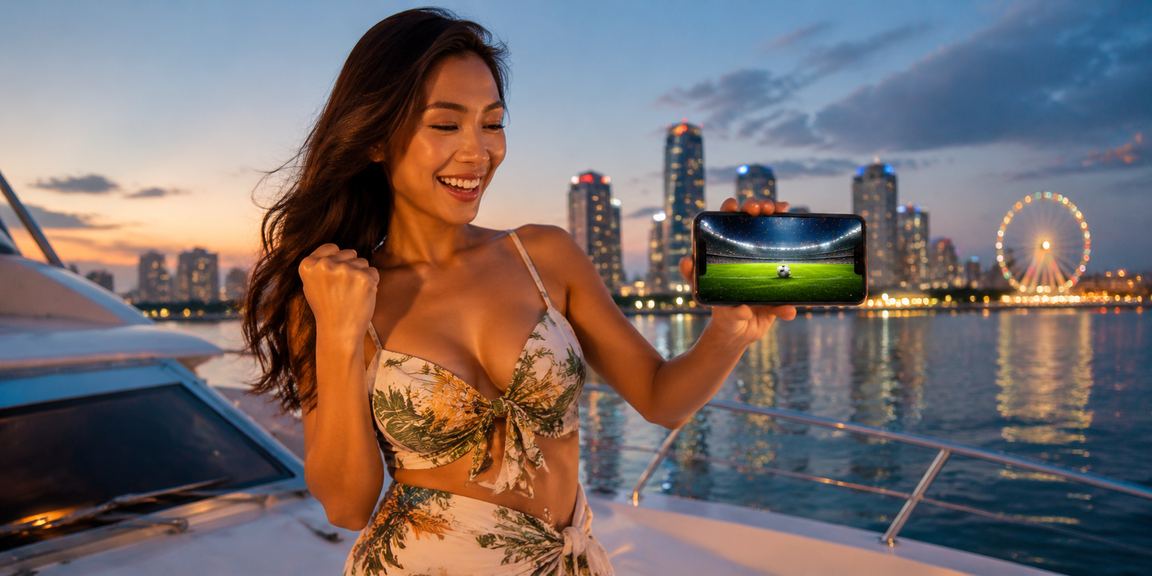 Pengguna muda menikmati taruhan sepak bola di tepi pantai dengan pemandangan indah